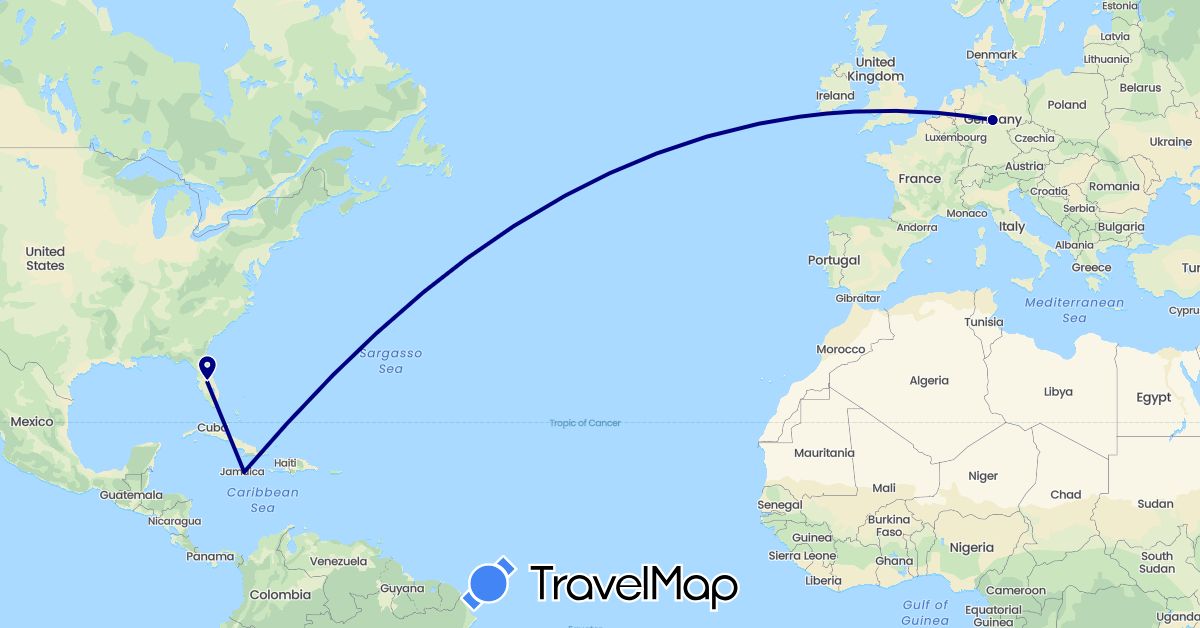 TravelMap itinerary: driving in Germany, Jamaica, United States (Europe, North America)